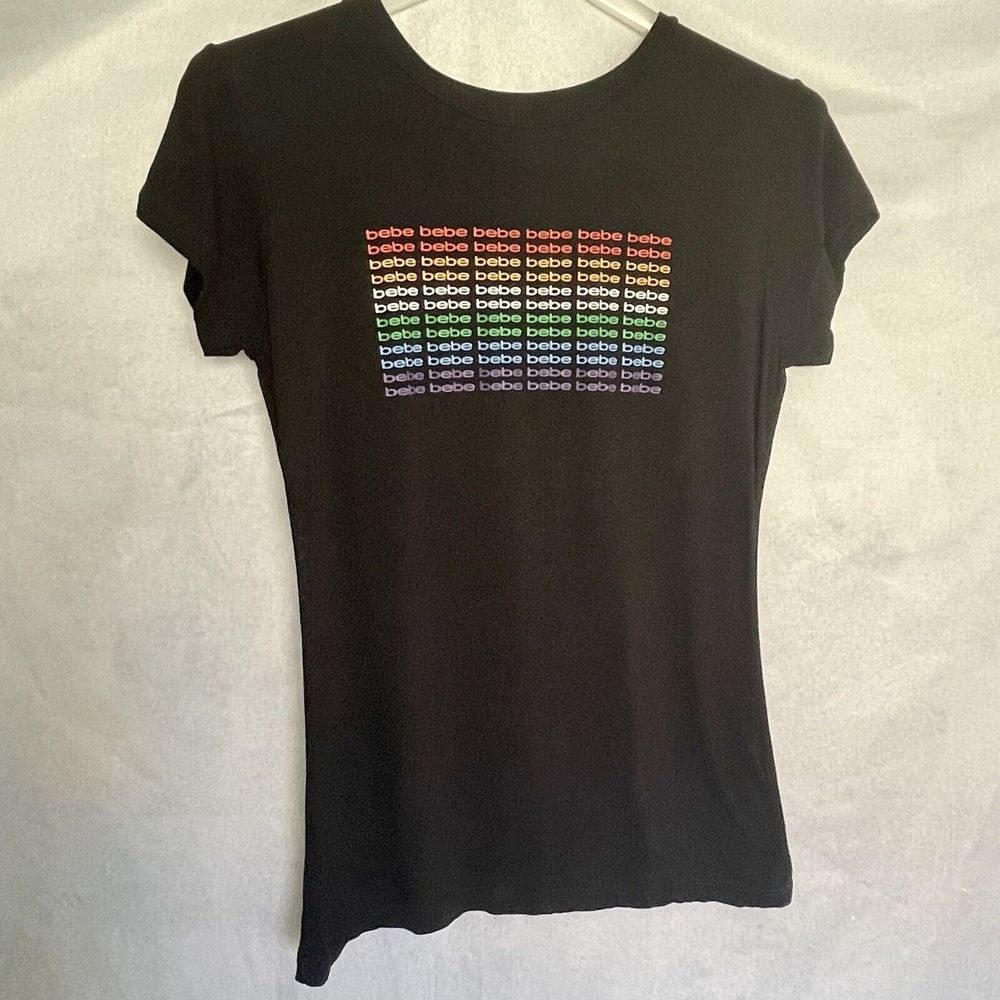 BEBE Black Short Sleeve Shirt Rainbow Repeated Text Size M